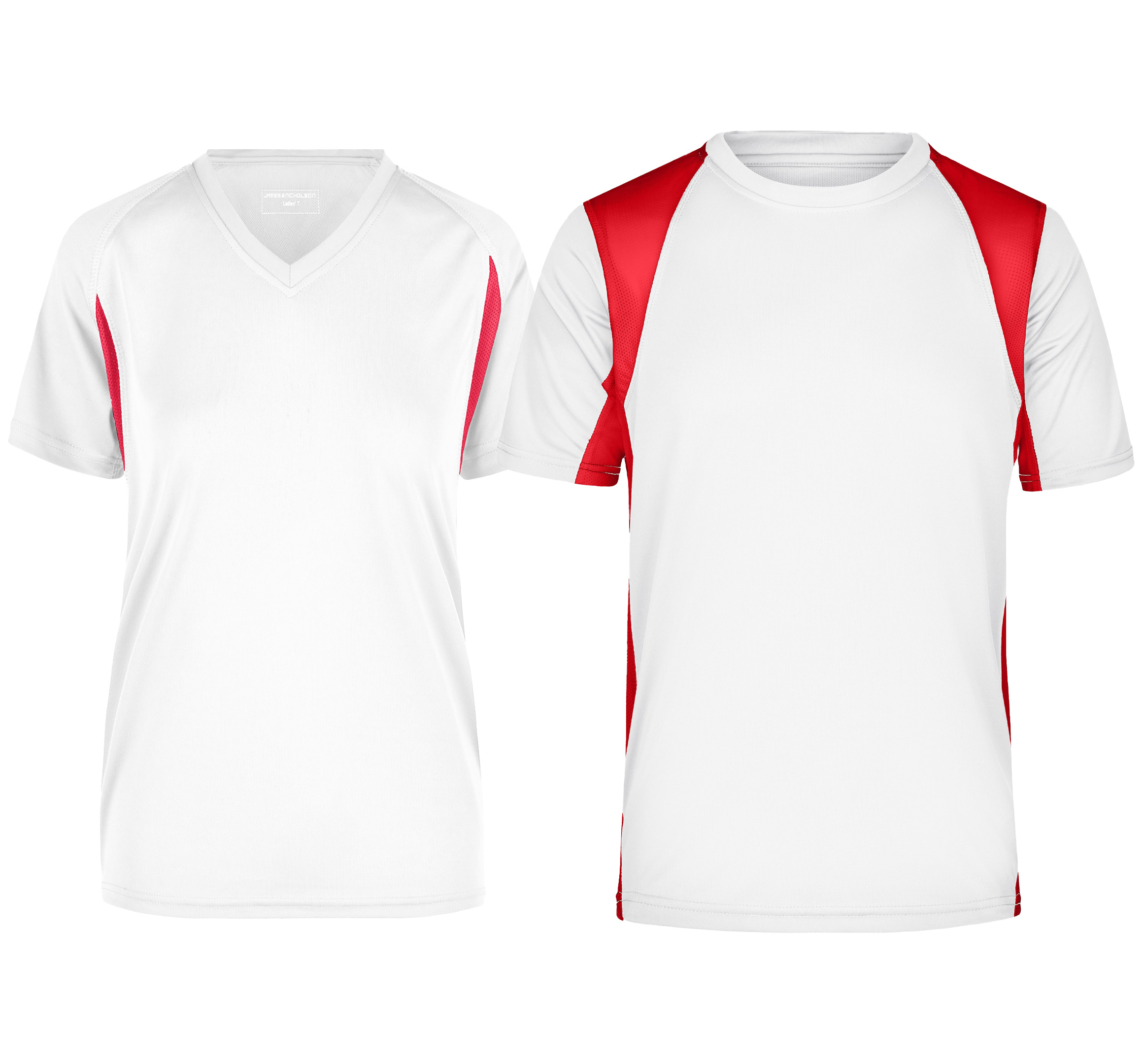 Hier sehen Sie BASIC Laufshirts als Damen und Herren Modell in der Farbe Weiß mit roten Farbakzenten